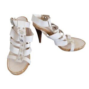 BCBG Olives White Gladiator Style High Heel Sandals With Rhinestone Accents & Co